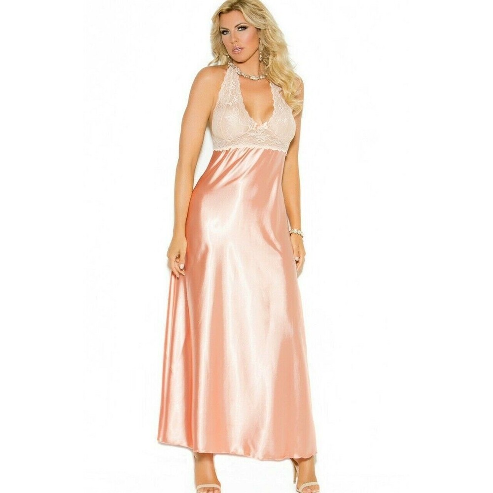 Plus Long Satin and Lace Nightgown Womens Size 1X Peach Color Halter Neck Gown
